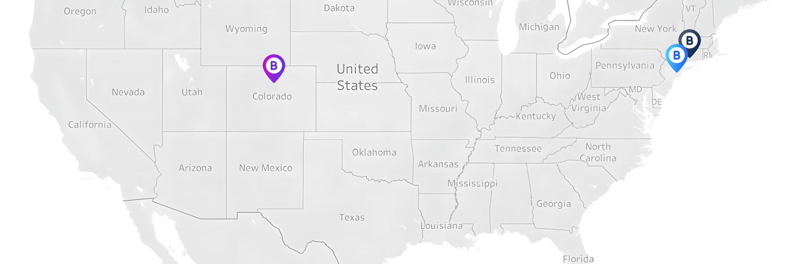map of the United States with pins showing three company locations